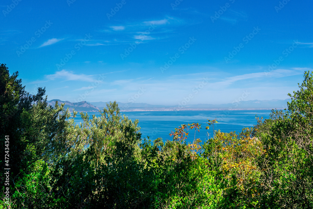 sea bay with a distant mountainous coast, view from the mountain through the branches of trees on the coast of Antalya sea bay with a distant mountainous coast, view from the mountain through the branches of trees on the coast of Antalya