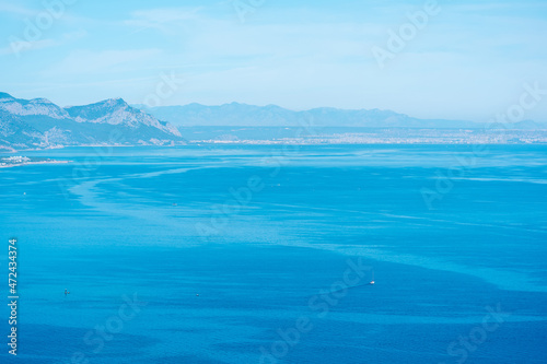 aerial view of blue seascape, panorama of Antalya coastline