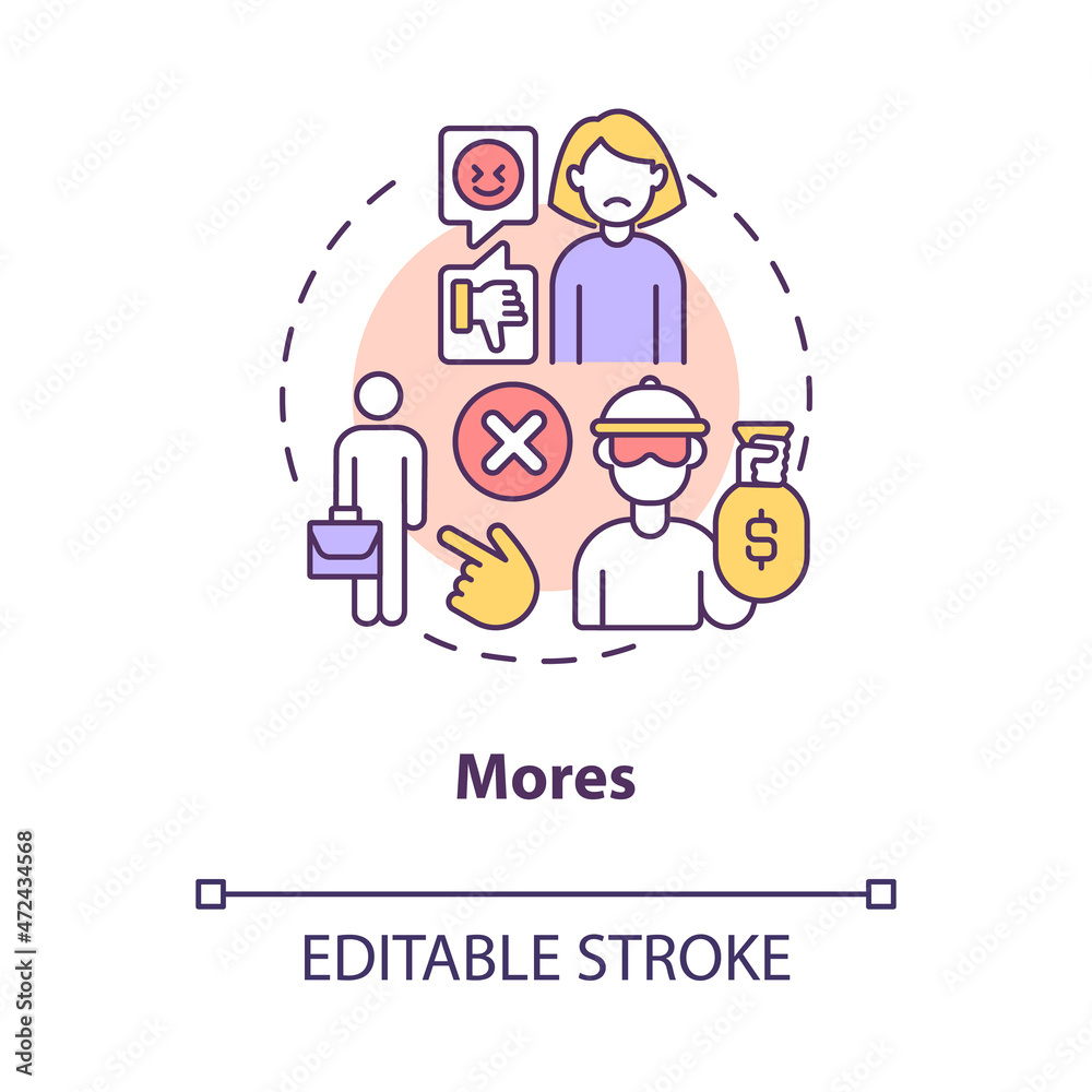 Mores concept icon. Moral norms in society. Participation with culture rules and rights, social engagement abstract idea thin line illustration. Vector isolated outline color drawing. Editable stroke Mores concept icon. Moral norms in society. Participation with culture rules and rights, social engagement abstract idea thin line illustration. Vector isolated outline color drawing. Editable stroke