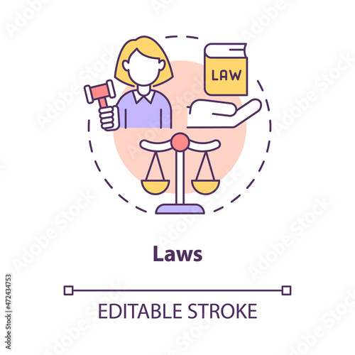 Laws in society concept icon. Government engagement. Justice regulation at court, legal rules abstract idea thin line illustration. Vector isolated outline color drawing. Editable stroke