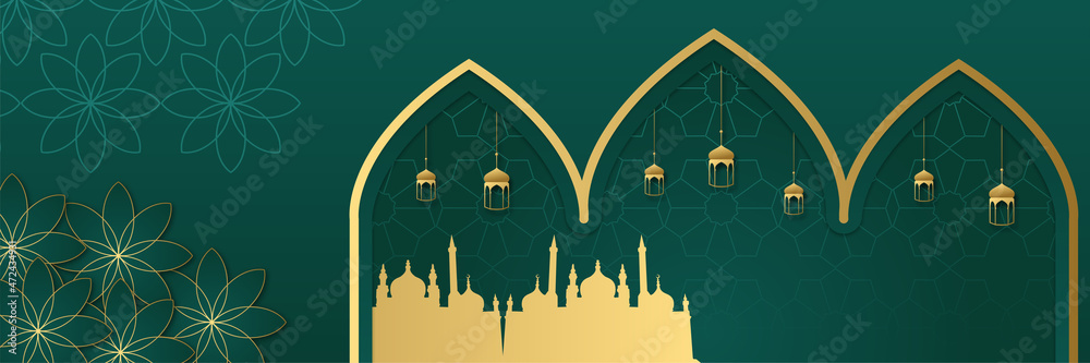 Ramadan Kareem Banner with Mosque, Islamic Pattern and Lantern Ramadan Kareem Banner with Mosque, Islamic Pattern and Lantern