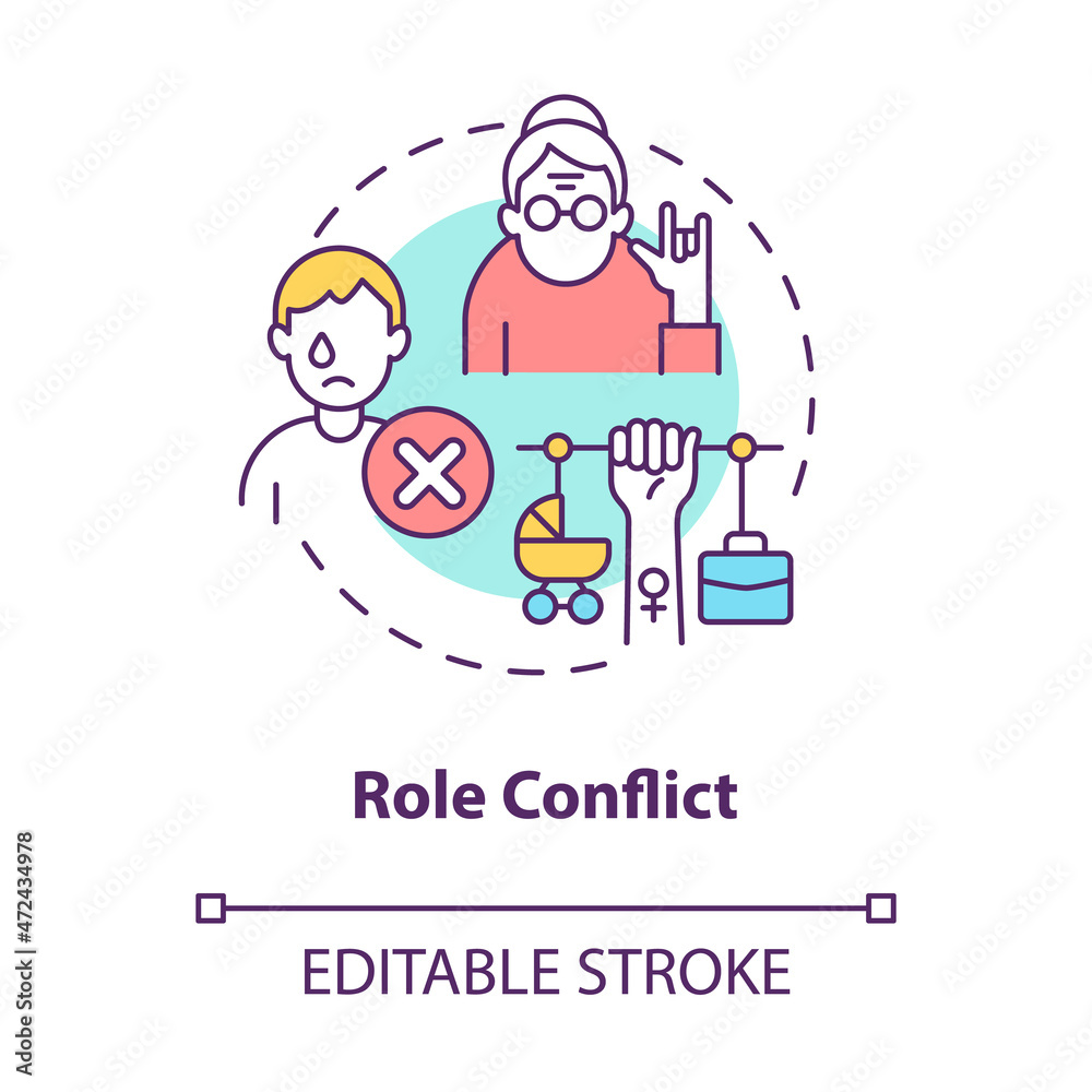 Role conflict concept icon. Contradictory person type. Unexpectedly behavior in everyday life abstract idea thin line illustration. Vector isolated outline color drawing. Editable stroke