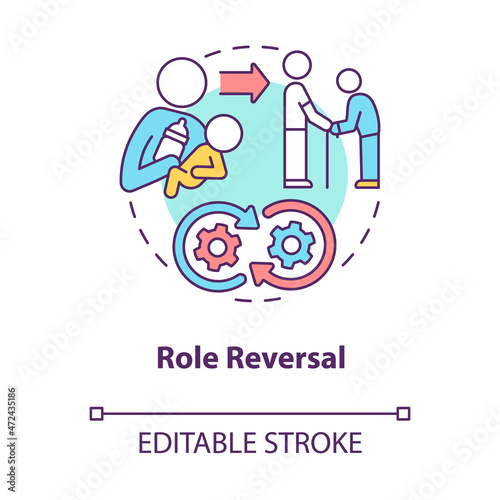 Role reversal concept icon. Exchange social position, function in community. Role transformation abstract idea thin line illustration. Vector isolated outline color drawing. Editable stroke photo