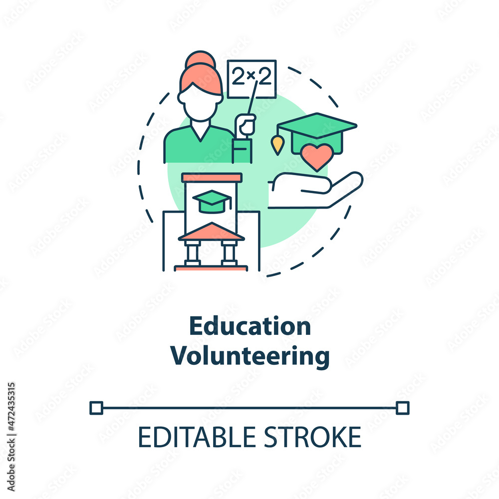 Education volunteering concept icon. Charity program for school. Teacher volunteer aid at abstract idea thin line illustration. Vector isolated outline color drawing. Editable stroke