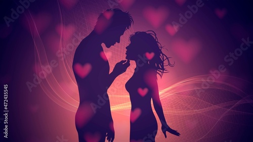 Silhouette of a couple of nude men and women with hearts, love and intimacy