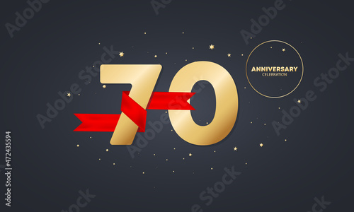70 year anniversary banner with red ribbon on white. 70th years celebration. Poster or brochure template. Vector EPS 10. Isolated on background