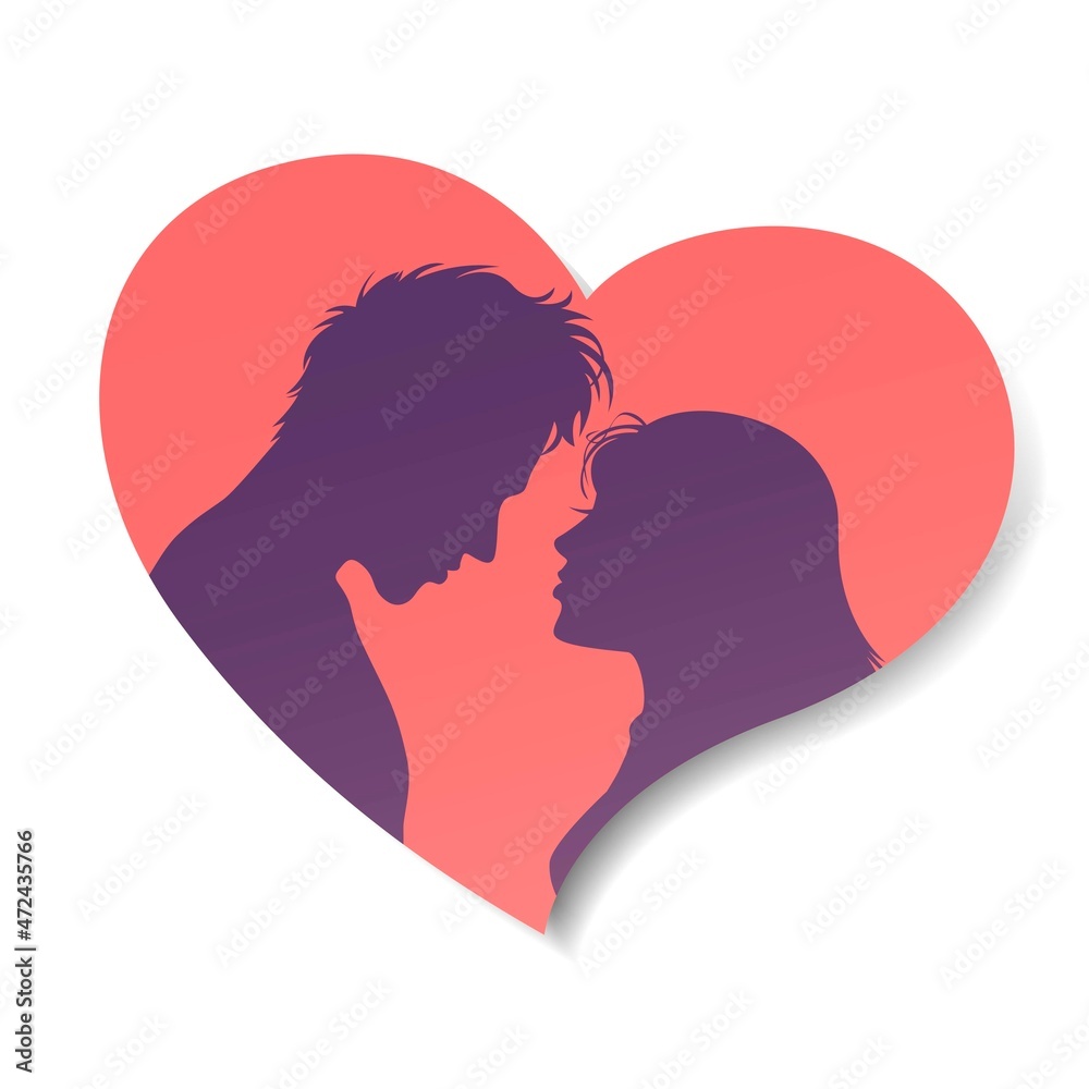 Silhouette of couple man and woman in pink heart
