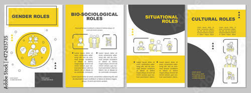 Social function in community yellow brochure template. Personal role flyer, booklet, leaflet print, cover design with linear icons. Vector layouts for presentation, annual reports, advertisement pages