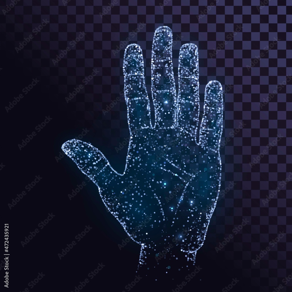 Hand with five fingers made of blue sparks or stars on transparent background Hand with five fingers made of blue sparks or stars on transparent background