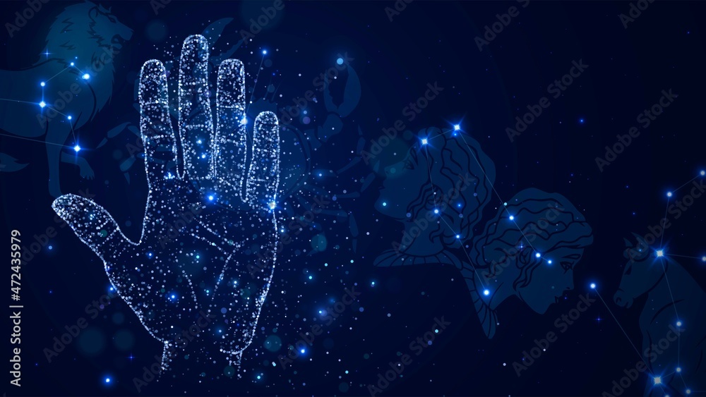 Hand made of blue sparks against the background of the starry sky with the constellations of the zodiac Hand made of blue sparks against the background of the starry sky with the constellations of the zodiac