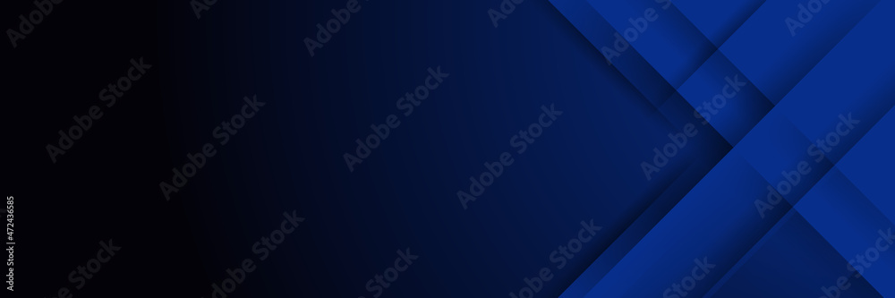 Obraz premium Abstract geometric dark navy blue banner background. Digital technology business 3D presentation abstract background. Abstract blue banner with gradient shapes