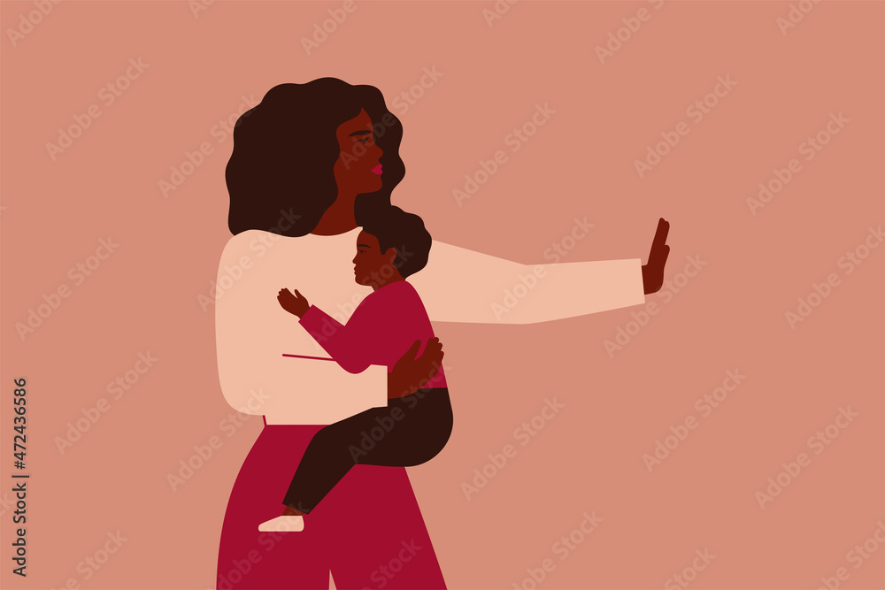 African American woman protects her child from any threat. Black mother