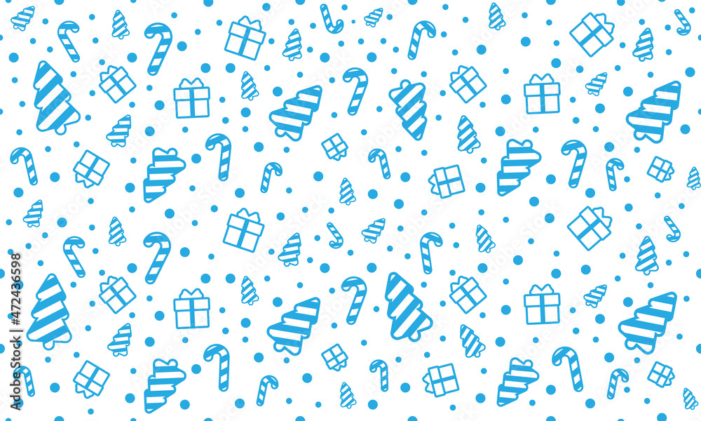 texture seamless blue and white. Christmas tree, gifts, round snowflakes, caramel, sweets. Christmas pattern repeating for white background print
