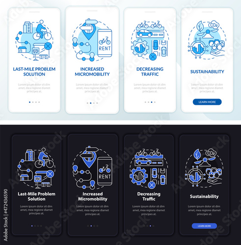 Scooter-share pros onboarding mobile app page screen. Decrease traffic walkthrough 4 steps graphic instructions with concepts. UI, UX, GUI vector template with linear night and day mode illustrations