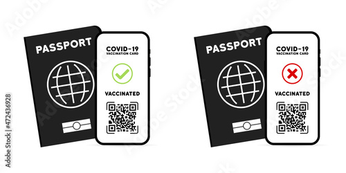 Covid 19 vaccination card icon. Online sertificate on the phone screen. Vaccine passport for tourism. Vector EPS 10. Isolated on white background