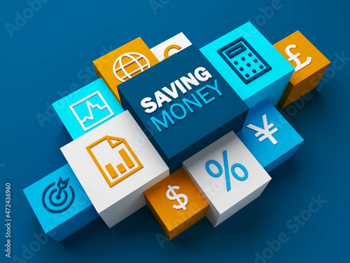 3D render of perspective view of SAVING MONEY business concept with symbols on colorful cubes on dark blue background