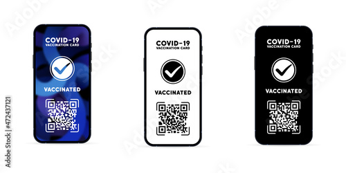 Covid 19 vaccination card icon set. Online sertificate on the phone screen with qr code. Vaccine passport. Vector EPS 10. Isolated on white background