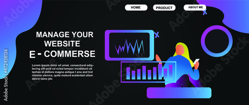 Online shopping on the Vector Concept Mobile Application. with shop bag and gift box. blue sky background and white smartphone displays displaying icons on shelves. Digital marketing illustration