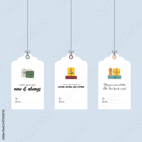 Holiday printable greetings labels with doodle gifts with celebratory wishes. Festive handwritten gifts red, green, yellow, orange colors on pastel blue background.