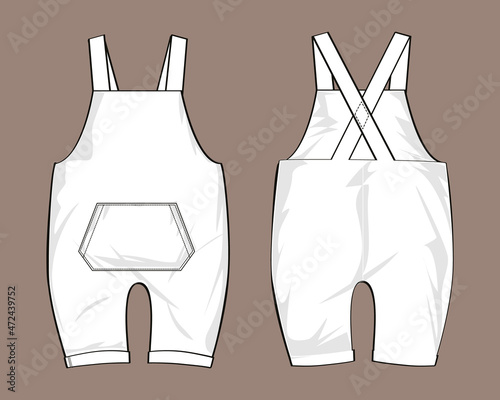 Kids Dungaree Dress design Fashion flat Sketch vector Illustration Template Front And back views. Apparel Clothing Design mock up.