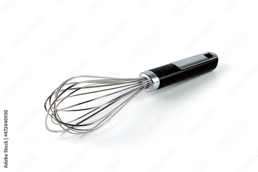 steel non stick utility whisk for mixing isolated on white background