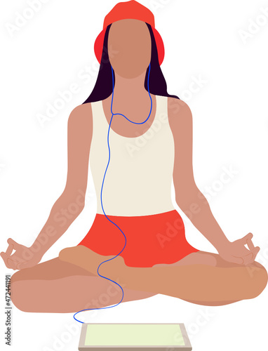 mujer  sentada meditando y escuchando música relajante. Vector sin fondo, fondo transparente