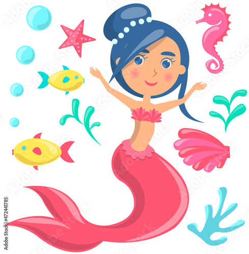 Underwater life of mermaid, blue fish, sea horse, coral and seaweed in ocean. Marine fairytale characters on white background. Girl with mermaid tail and long hair, cartoon water nymph,
