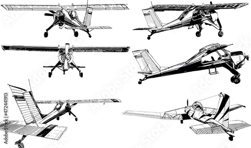 A set of black-and-white vector drawings of small aircraft