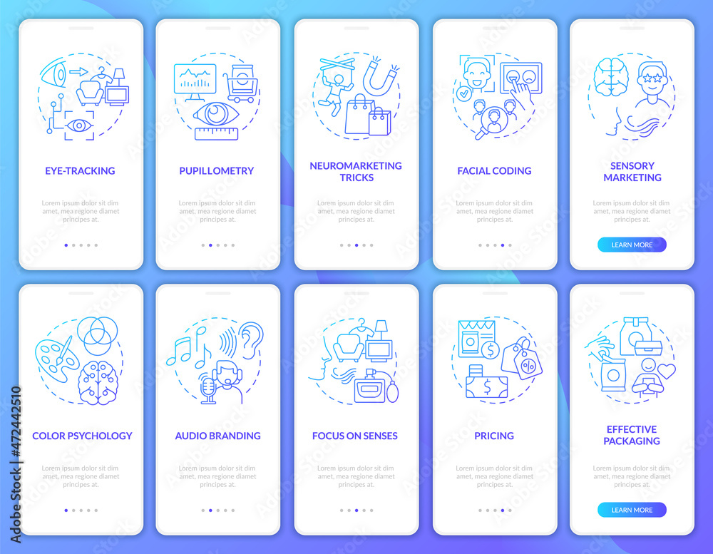 Neuroscience onboarding mobile app page screen. Emotional marketing tricks walkthrough 5 steps graphic instructions with concepts. UI, UX, GUI vector template with linear color illustrations