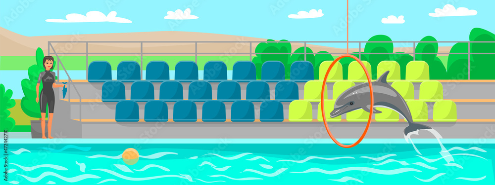 Fototapeta premium Woman trains dolphin, trainer feeds animal with fish in dolphinarium. Dolphin showing trick, jumping through hoop in pool on background of seats for spectators. Show with marine animal in oceanarium