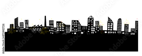 Buildings cityscape silhouette with lights and windows. City skyline silhouette. Hand drawn style vector illustration isolated on white background.