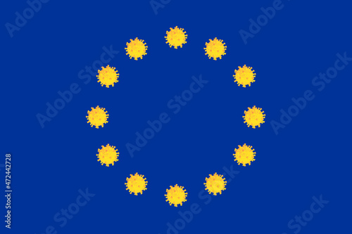 concept flag of the EU European Union with coronavirus COVID-19 omicron virus instead of stars