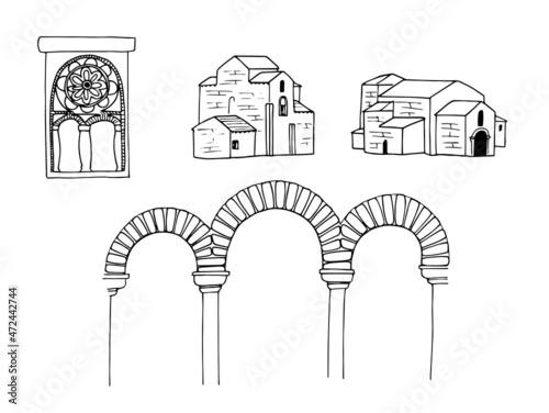 Asturias Roman architecture churches and elements set. Pre Roman, romanic art. Black and white sketch hand drawn style vector illustration isolated on white background.