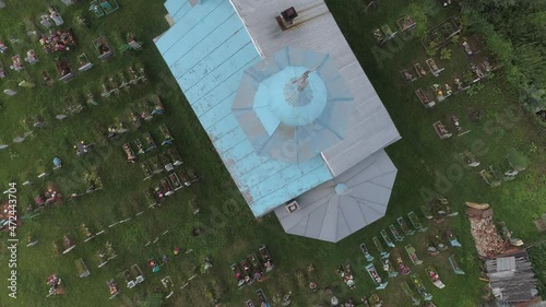 rural landscape in Russia, aerial photo, top view of the village, Church