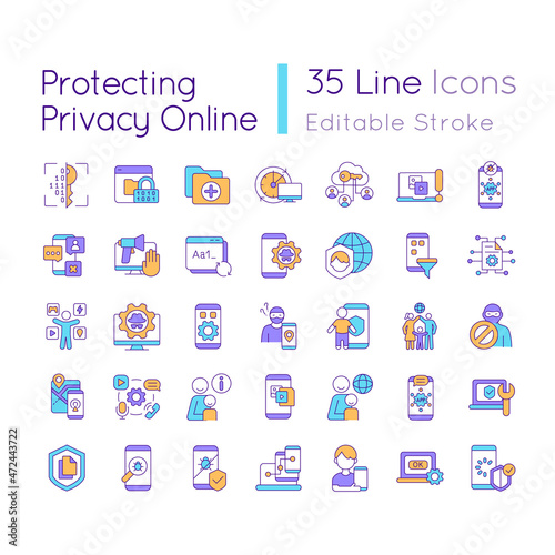 Protecting privacy online RGB color icons set. Modern technology to keep personal information safe in internet Isolated vector illustrations. Simple filled line drawings collection © bsd studio