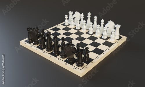 Chess Pieces on a Chess Board on a dark background. 3d rendering