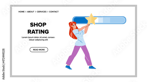 Shop Rating Review Young Woman Customer Vector. Girl Client Shop Rating Of Price And Service Quality. Character Lady Experience Feedback And Ranking Store Web Flat Cartoon Illustration