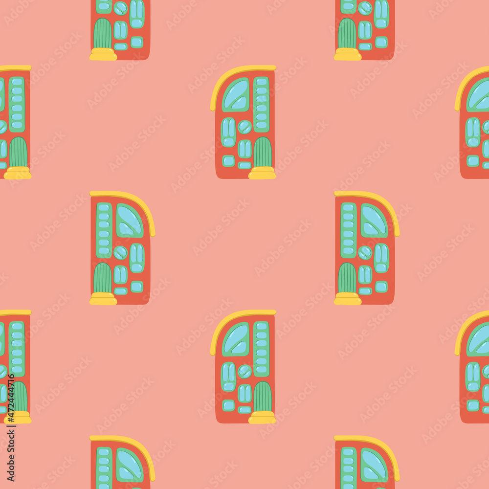 A pattern of multi-colored flat art nouveau houses. House with unusual windows. EPS 10 without transparencies.