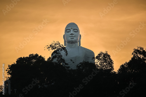 Buddha statue with sunset sky and bamboo silhouette