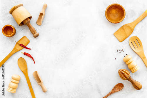 Set of kinchen wooden appliance and utensils. Cooking background