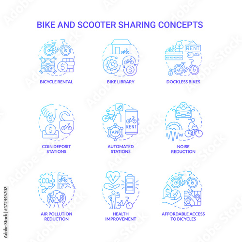 Bike and scooter sharing blue gradient concept icons set. Green transportation idea thin line color illustrations. Air pollution reduction. Coin deposit stations. Vector isolated outline drawings