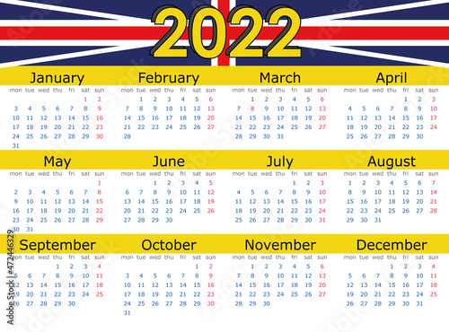 Calendario 2022 en inglés con festivos