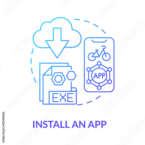 Install app blue gradient concept icon. Bike sharing usage abstract idea thin line illustration. Bikeshare technology. Trail biking routes. Using smartphone. Vector isolated outline color drawing