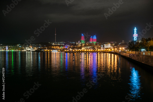 night photo of the waterfront of Baku, Azerbaijan, with the famous flame towers © eranyardeni