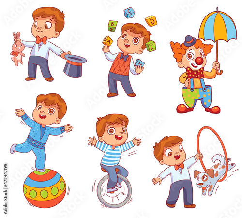 Little boy performs different circus tricks. Clown. Juggler. Magician. Acrobat. Animal trainer. Colorful cartoon characters. Funny vector illustration. Isolated on white background. Set