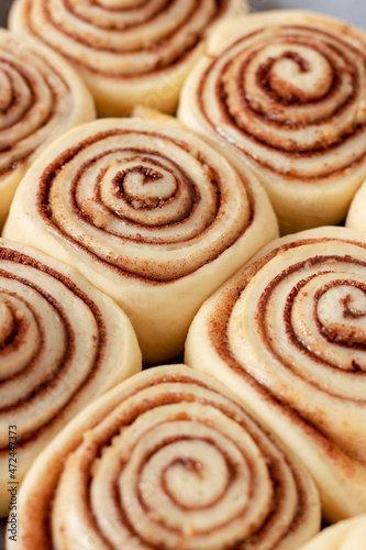 Cinnamon rolls homemade raw dough preparation. Cinnabons traditional dessert buns.
