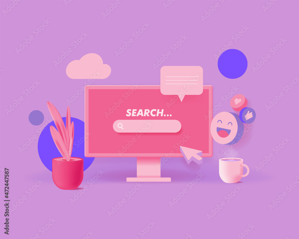 Searching web bar on the screen of modern personal computer. 3d cute style vector illustration with cute elements. Copy space. Banners, social media posts template