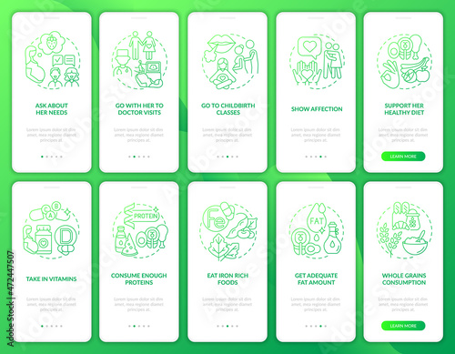 Taking care of pregnant woman onboarding mobile app page screen set. Show support walkthrough 5 steps graphic instructions with concepts. UI, UX, GUI vector template with linear color illustrations