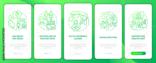 Supportive partner during pregnancy onboarding mobile app page screen. Show love walkthrough 5 steps graphic instructions with concepts. UI, UX, GUI vector template with linear color illustrations