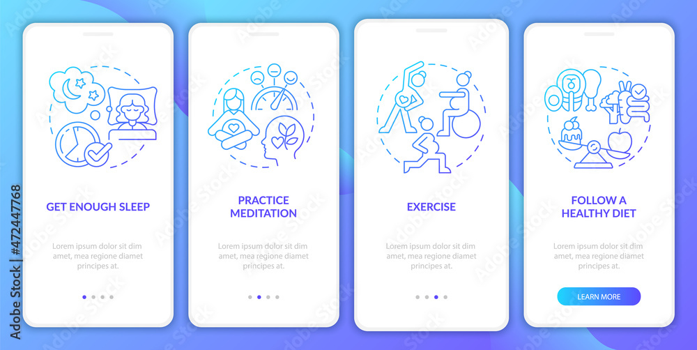 Improving mental health during pregnancy onboarding mobile app page screen. Exercise walkthrough 4 steps graphic instructions with concepts. UI, UX, GUI vector template with linear color illustrations